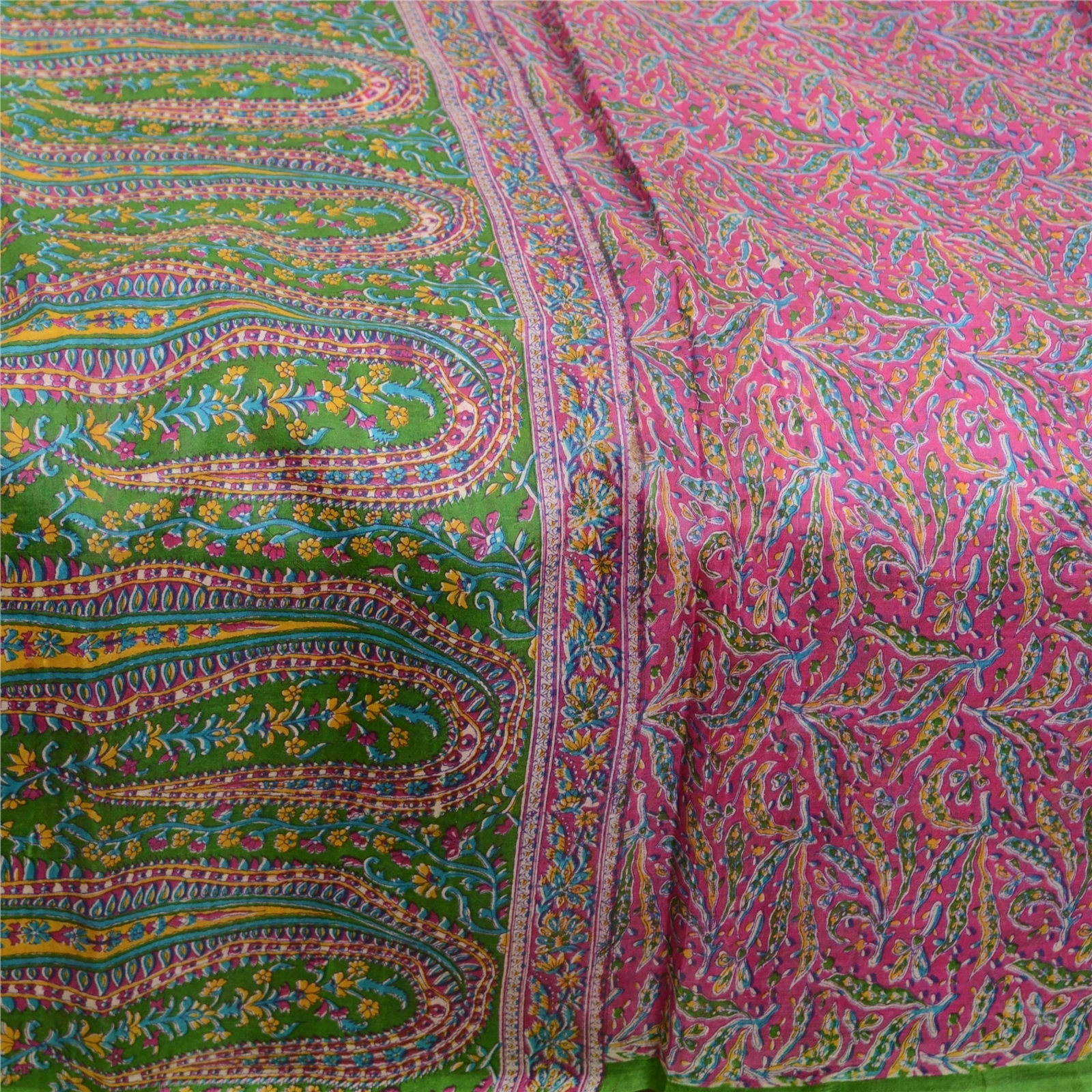 Sanskriti Vintage Sarees From India Pink Printed Pure Silk Sari 5Yd Craft Fabric, PR-64090-Pink-Pure Silk-3