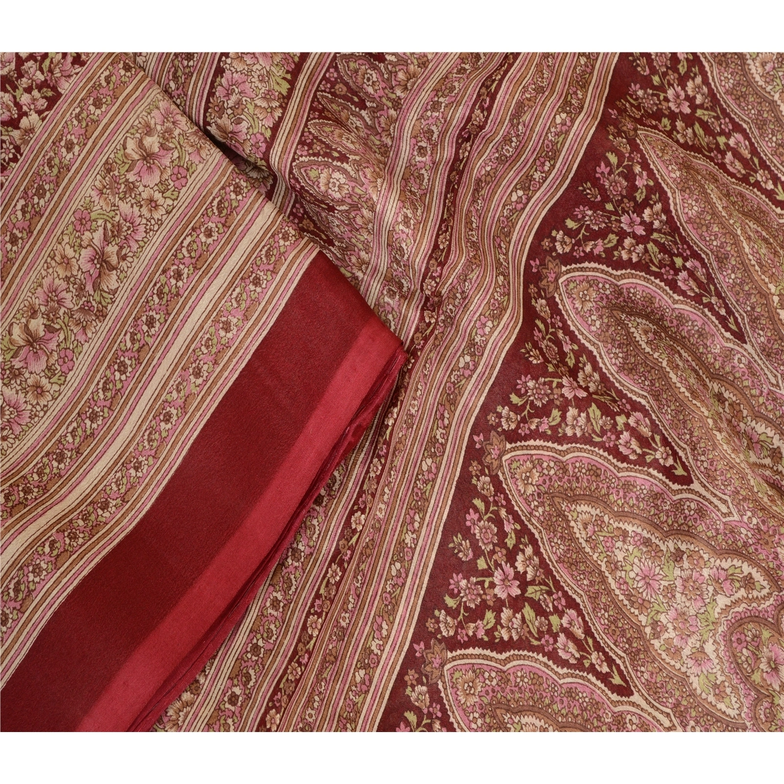 Sanskriti Vintage Sarees Dark Red Pure Silk Printed Sari Floral 5Yd Craft Fabric, PR-64095-Dark Red-Pure Silk-1