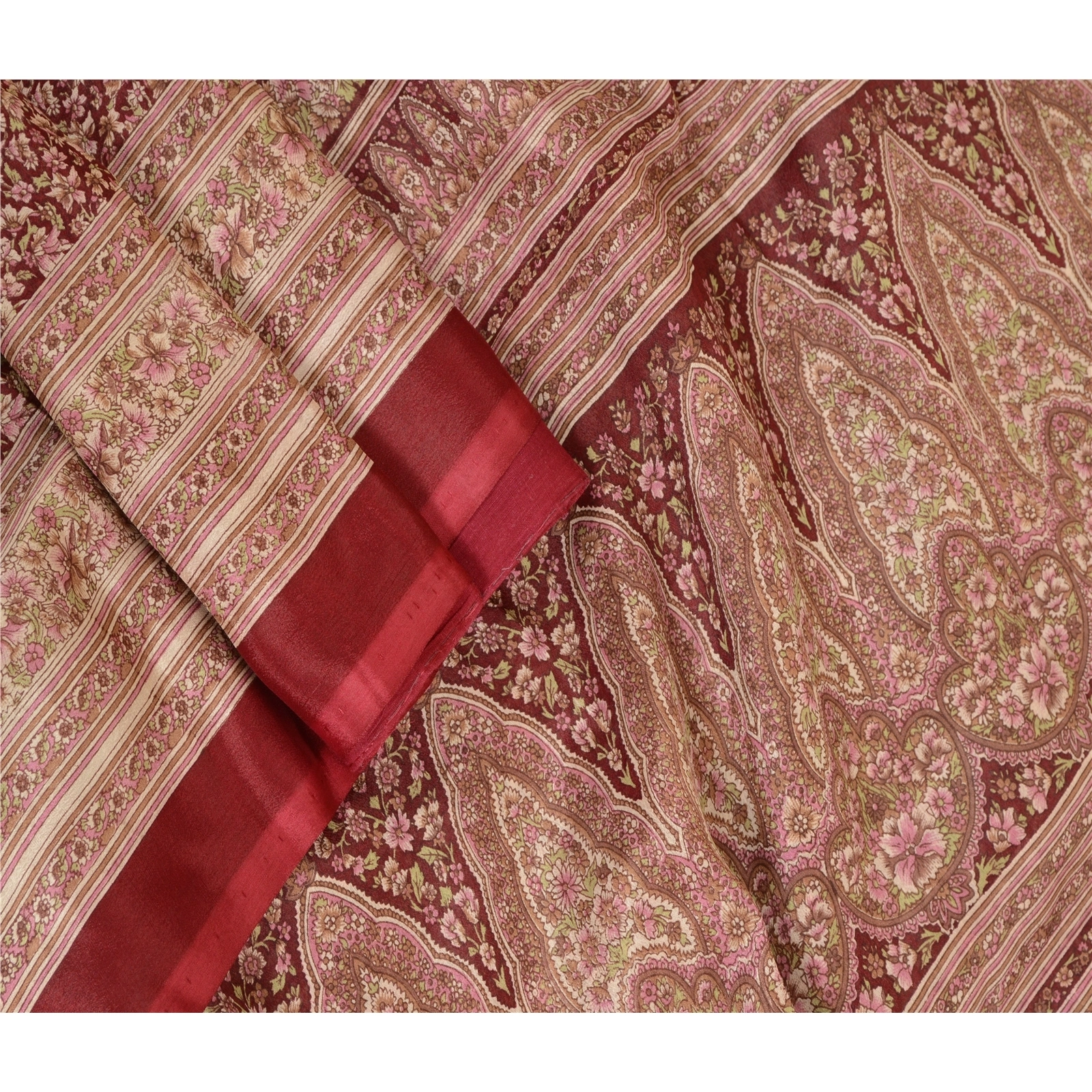 Sanskriti Vintage Sarees Dark Red Pure Silk Printed Sari Floral 5Yd Craft Fabric, PR-64095-Dark Red-Pure Silk-2