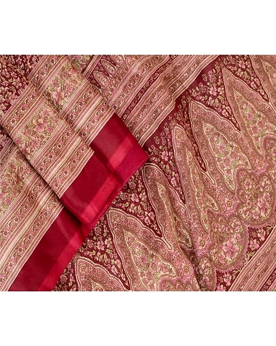 Sanskriti Vintage Sarees Dark Red Pure Silk Printed Sari Floral 5Yd Craft Fabric, PR-64095-Dark Red-Pure Silk-2