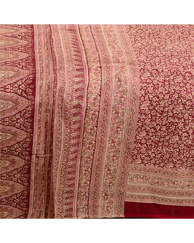 Sanskriti Vintage Sarees Dark Red Pure Silk Printed Sari Floral 5Yd Craft Fabric, PR-64095-Dark Red-Pure Silk-3