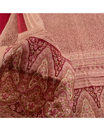 Sanskriti Vintage Sarees Dark Red Pure Silk Printed Sari Floral 5Yd Craft Fabric, PR-64095-Dark Red-Pure Silk-5
