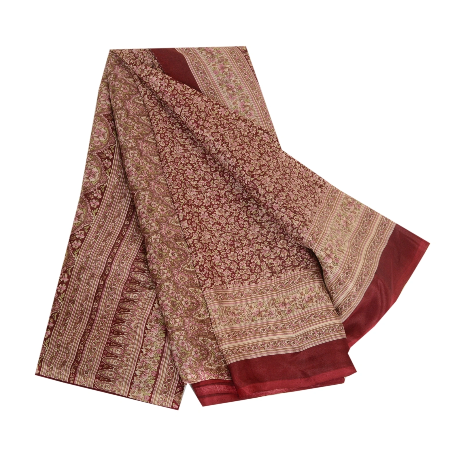 Sanskriti Vintage Sarees Dark Red Pure Silk Printed Sari Floral 5Yd Craft Fabric, PR-64095-Dark Red-Pure Silk-6