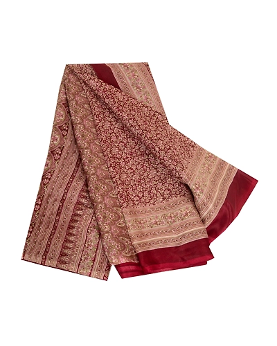 Sanskriti Vintage Sarees Dark Red Pure Silk Printed Sari Floral 5Yd Craft Fabric, PR-64095-Dark Red-Pure Silk-6