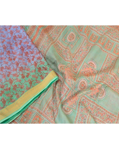 Sanskriti Vintage Sarees From India Blue Pure Silk Printed Sari 5Yd Craft Fabric, PR-64104-Blue-Pure Silk-2