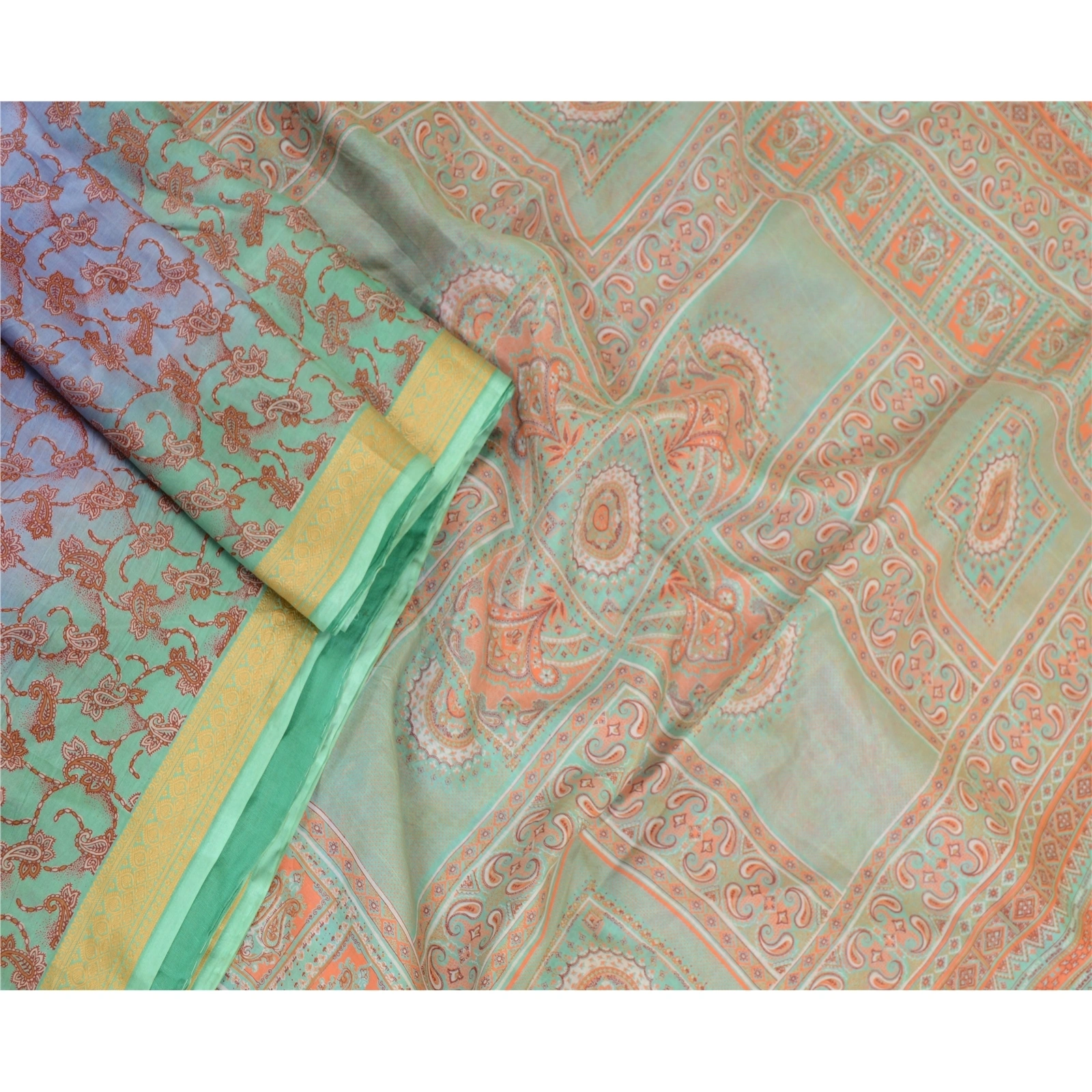 Sanskriti Vintage Sarees From India Blue Pure Silk Printed Sari 5Yd Craft Fabric, PR-64104-Blue-Pure Silk-3