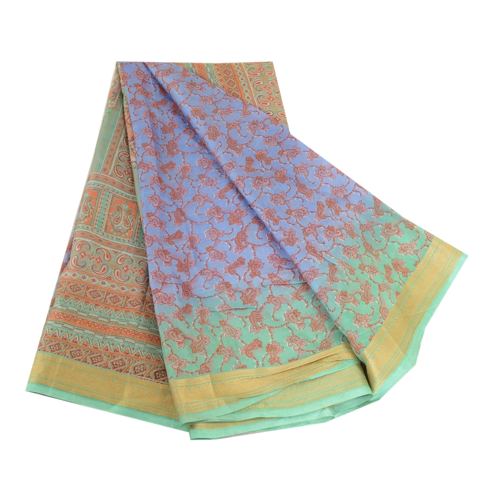 Sanskriti Vintage Sarees From India Blue Pure Silk Printed Sari 5Yd Craft Fabric, PR-64104-Blue-Pure Silk-7