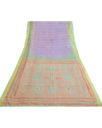 Sanskriti Vintage Sarees From India Blue Pure Silk Printed Sari 5Yd Craft Fabric, PR-64104-Blue-Pure Silk-8