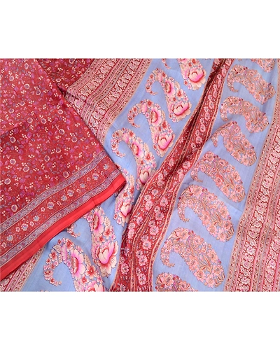 Sanskriti Vintage Sarees From India Dark Red Pure Silk Printed Sari Craft Fabric, PR-64105-Dark Red-Pure Silk-1