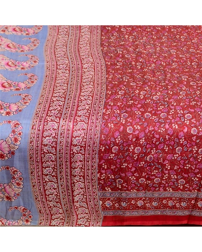 Sanskriti Vintage Sarees From India Dark Red Pure Silk Printed Sari Craft Fabric, PR-64105-Dark Red-Pure Silk-3