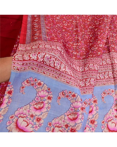 Sanskriti Vintage Sarees From India Dark Red Pure Silk Printed Sari Craft Fabric, PR-64105-Dark Red-Pure Silk-5