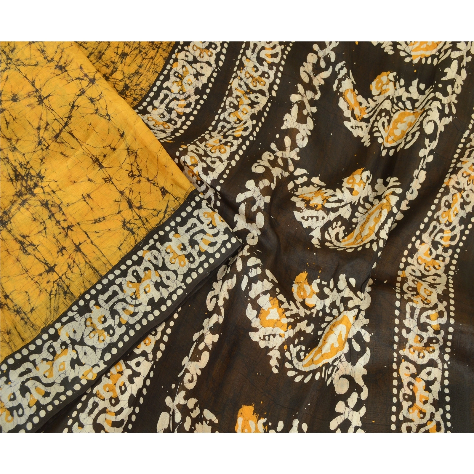 Sanskriti Vintage Sarees Indian Saffron Batik Print Pure Silk Sari Craft Fabric, PR-64107-Saffron-Pure Silk-1