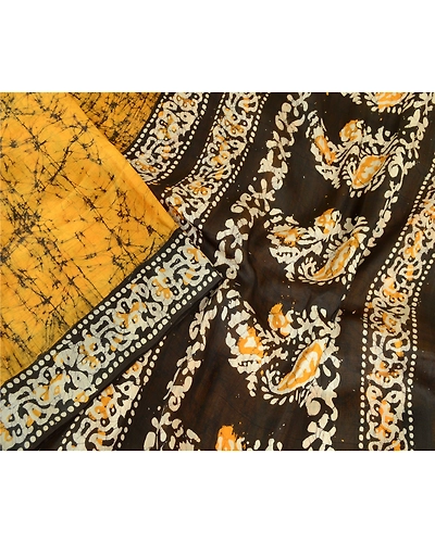 Sanskriti Vintage Sarees Indian Saffron Batik Print Pure Silk Sari Craft Fabric, PR-64107-Saffron-Pure Silk-1
