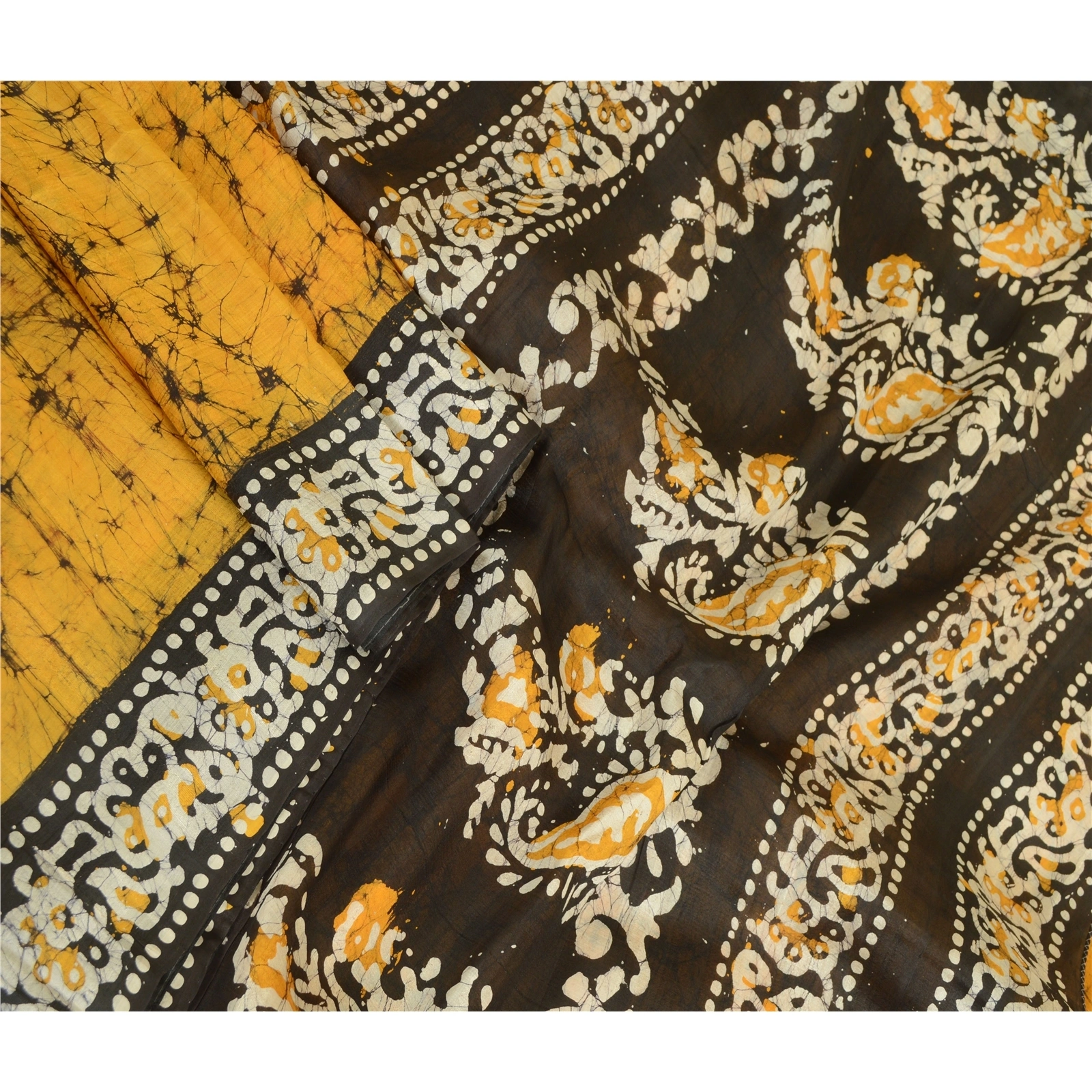 Sanskriti Vintage Sarees Indian Saffron Batik Print Pure Silk Sari Craft Fabric, PR-64107-Saffron-Pure Silk-2