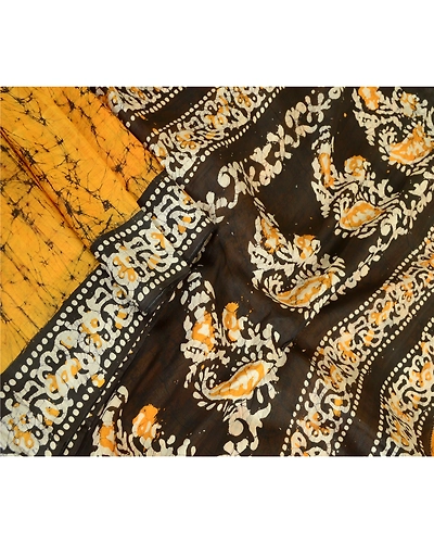 Sanskriti Vintage Sarees Indian Saffron Batik Print Pure Silk Sari Craft Fabric, PR-64107-Saffron-Pure Silk-2