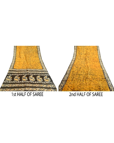 Sanskriti Vintage Sarees Indian Saffron Batik Print Pure Silk Sari Craft Fabric, PR-64107-Saffron-Pure Silk-4
