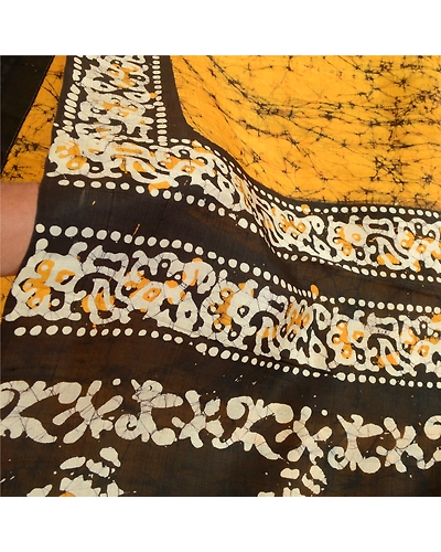 Sanskriti Vintage Sarees Indian Saffron Batik Print Pure Silk Sari Craft Fabric, PR-64107-Saffron-Pure Silk-5