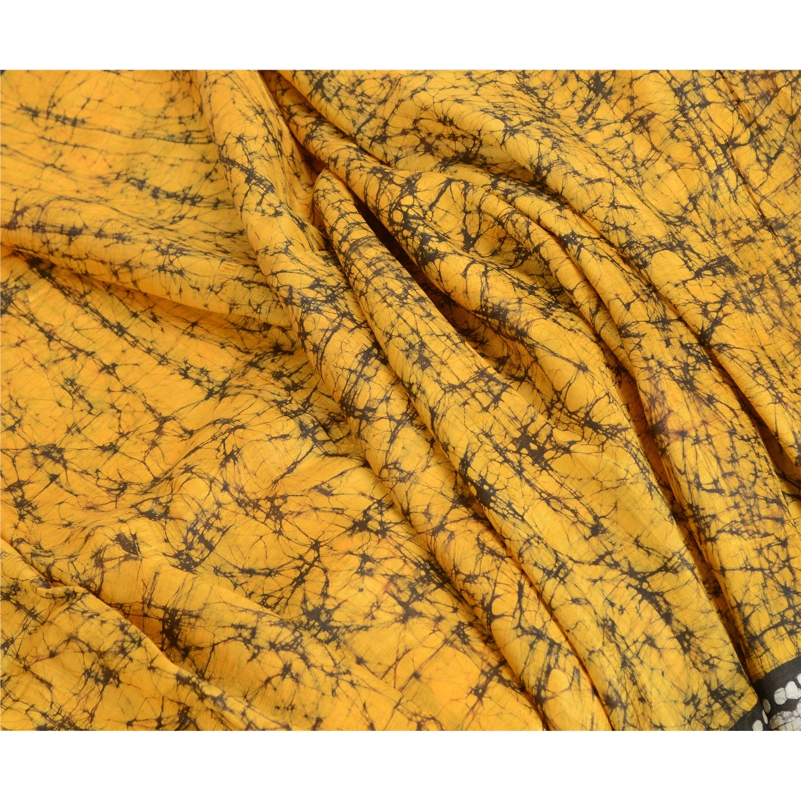 Sanskriti Vintage Sarees Indian Saffron Batik Print Pure Silk Sari Craft Fabric, PR-64107-Saffron-Pure Silk-6