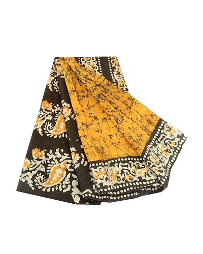 Sanskriti Vintage Sarees Indian Saffron Batik Print Pure Silk Sari Craft Fabric, PR-64107-Saffron-Pure Silk-7