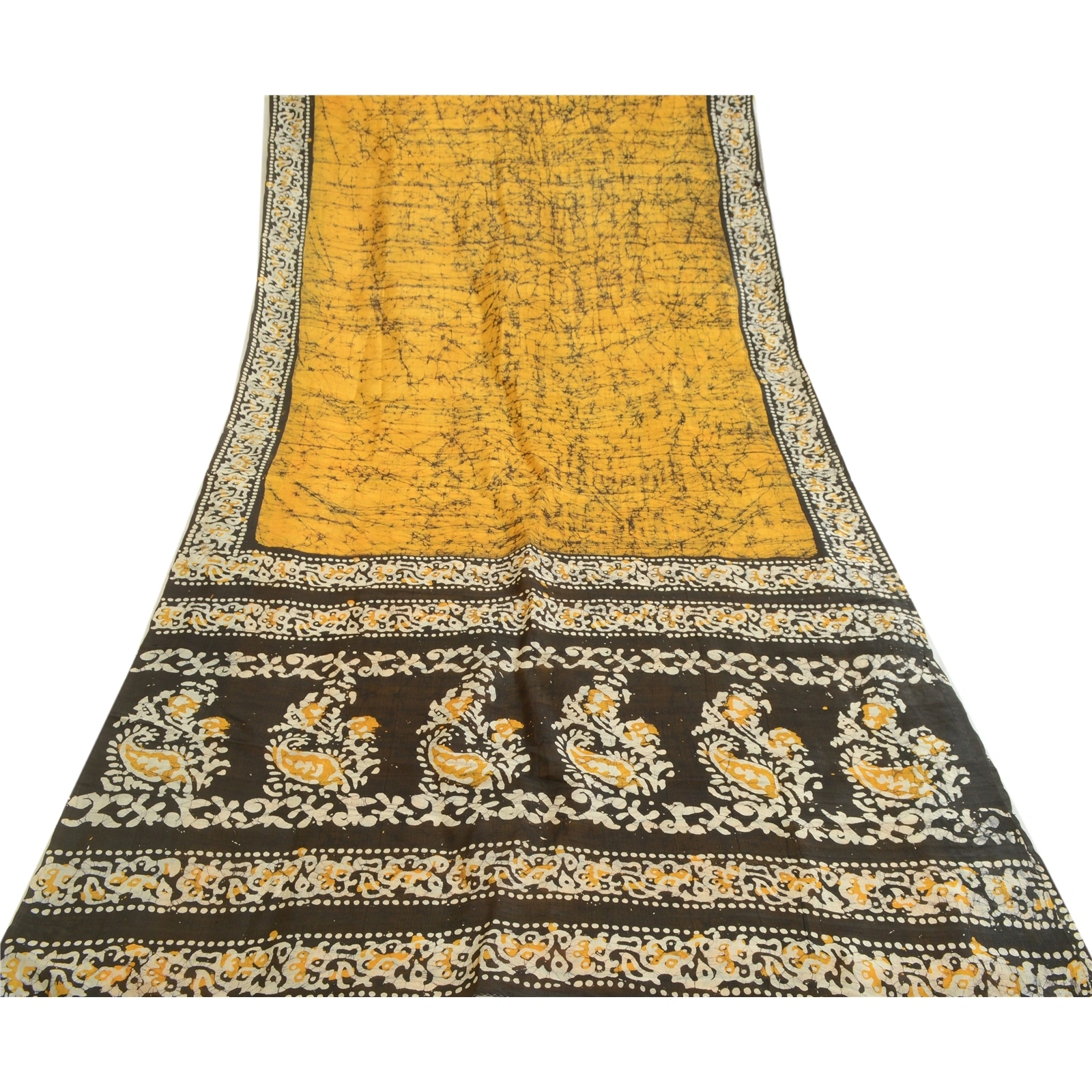 Sanskriti Vintage Sarees Indian Saffron Batik Print Pure Silk Sari Craft Fabric, PR-64107-Saffron-Pure Silk-8