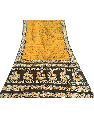 Sanskriti Vintage Sarees Indian Saffron Batik Print Pure Silk Sari Craft Fabric, PR-64107-Saffron-Pure Silk-8