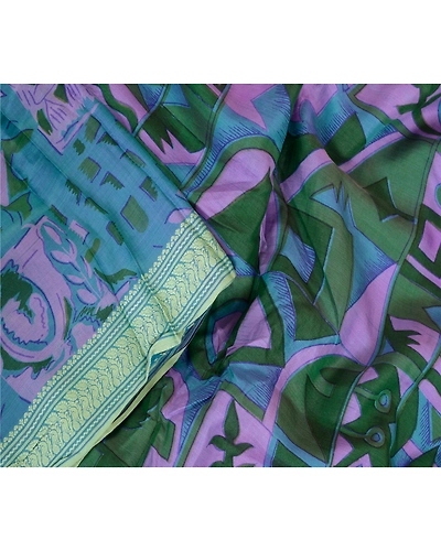 Sanskriti Vintage Sarees Indian Blue Printed Pure Silk Sari Soft Craft Fabric, PR-64111-Blue-Pure Silk-1