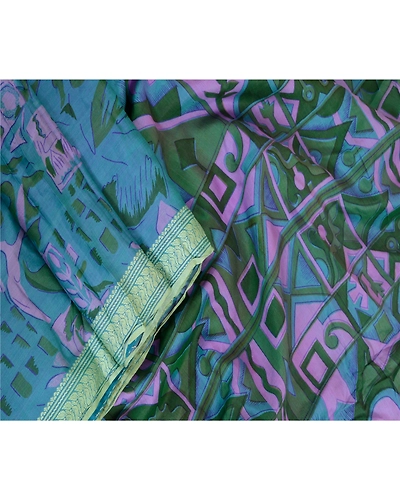 Sanskriti Vintage Sarees Indian Blue Printed Pure Silk Sari Soft Craft Fabric, PR-64111-Blue-Pure Silk-2