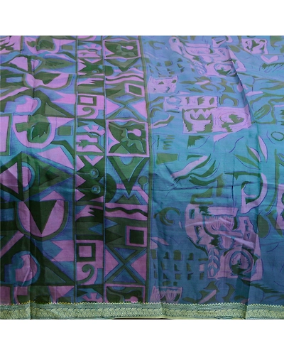 Sanskriti Vintage Sarees Indian Blue Printed Pure Silk Sari Soft Craft Fabric, PR-64111-Blue-Pure Silk-3
