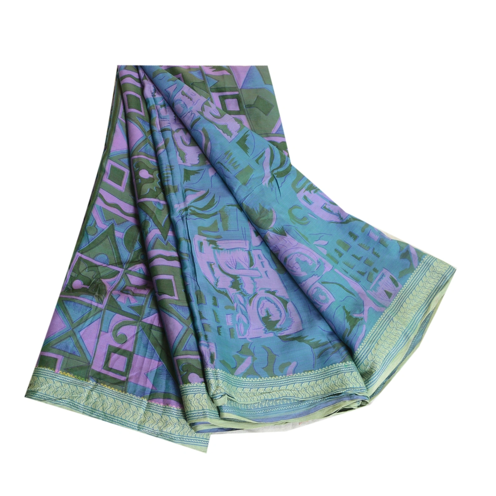 Sanskriti Vintage Sarees Indian Blue Printed Pure Silk Sari Soft Craft Fabric, PR-64111-Blue-Pure Silk-6