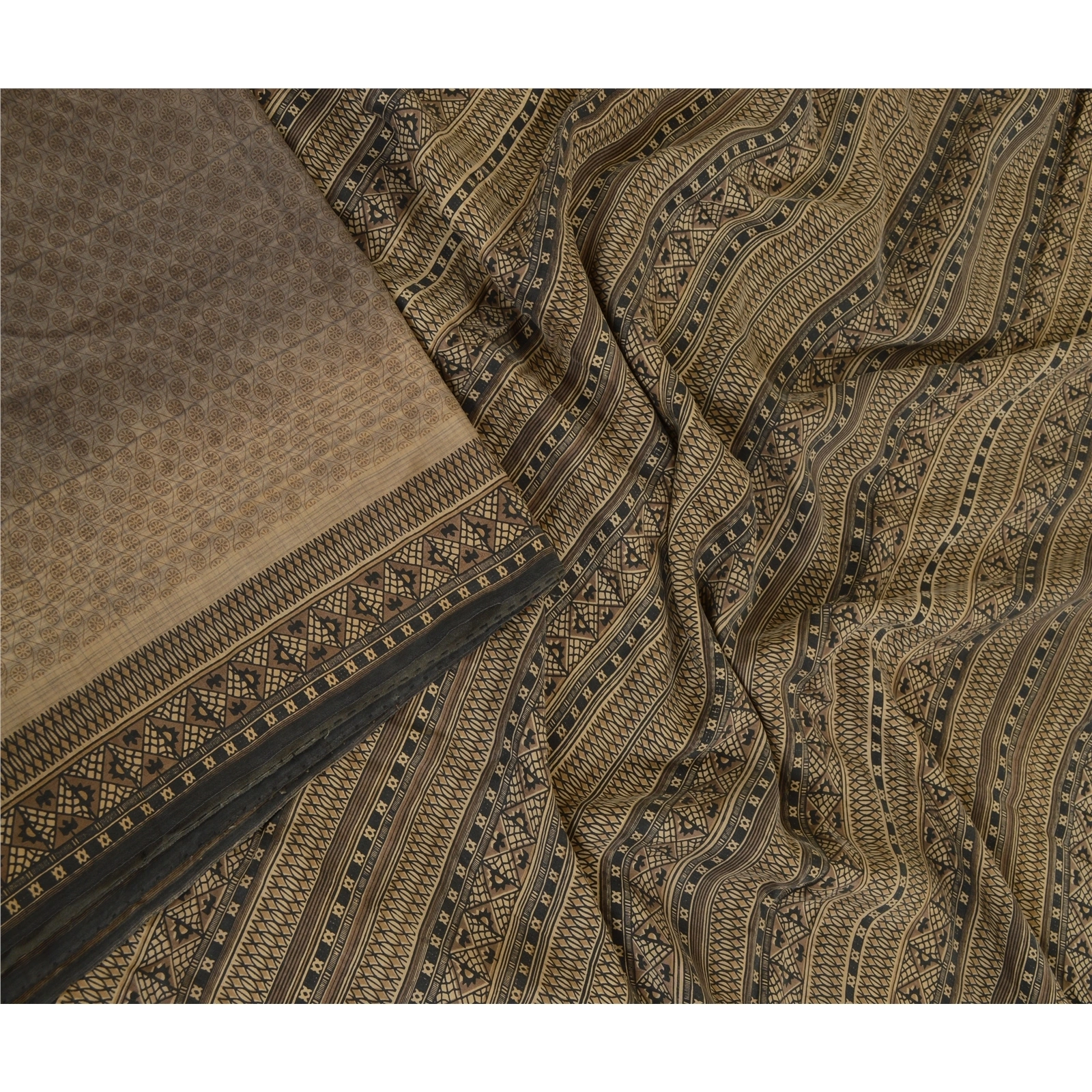 Sanskriti Vintage Sarees From India Gray Pure Silk Printed Sari 5Yd Craft Fabric, PR-64116-Gray-Pure Silk-2