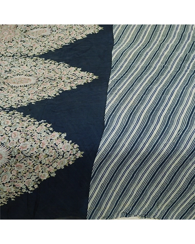 Sanskriti Vintage Sarees Indian Navy Blue Pure Silk Printed Sari Craft Fabric, PR-64119-Navy Blue-Pure Silk-3