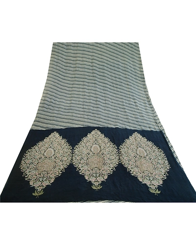 Sanskriti Vintage Sarees Indian Navy Blue Pure Silk Printed Sari Craft Fabric, PR-64119-Navy Blue-Pure Silk-7
