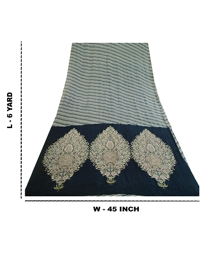 Sanskriti Vintage Sarees Indian Navy Blue Pure Silk Printed Sari Craft Fabric, PR-64119-Navy Blue-Pure Silk-8