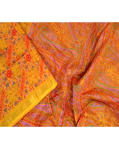Sanskriti Vintage Sarees Yellow Pure Silk Zari Border Printed Sari Craft Fabric, PR-64121-Yellow-Pure Silk-1