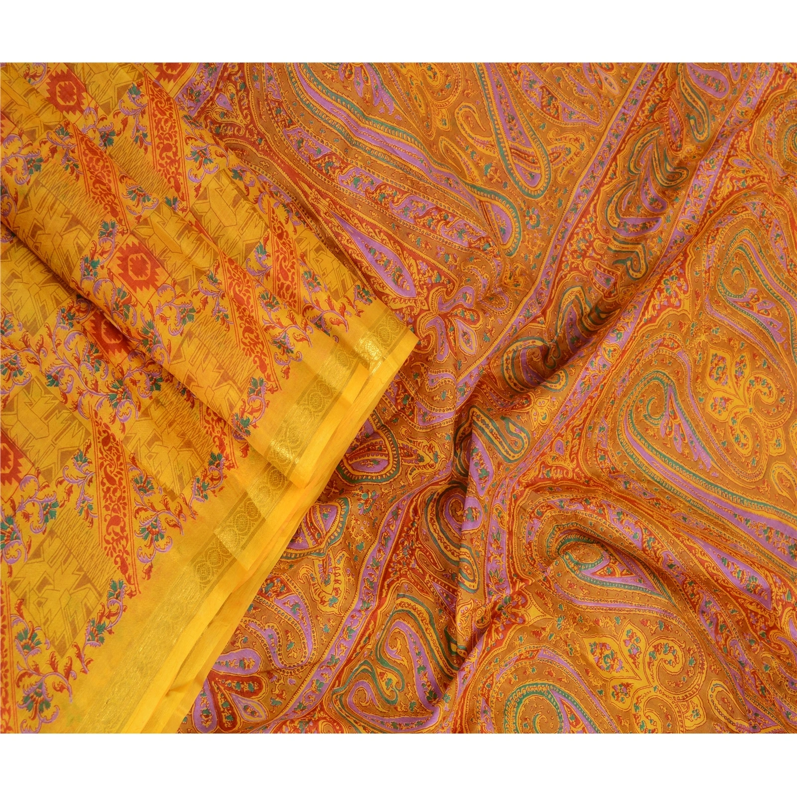 Sanskriti Vintage Sarees Yellow Pure Silk Zari Border Printed Sari Craft Fabric, PR-64121-Yellow-Pure Silk-2