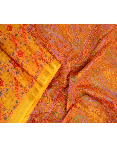 Sanskriti Vintage Sarees Yellow Pure Silk Zari Border Printed Sari Craft Fabric, PR-64121-Yellow-Pure Silk-2