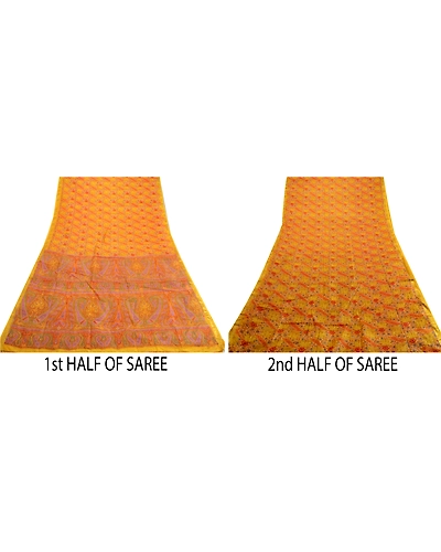Sanskriti Vintage Sarees Yellow Pure Silk Zari Border Printed Sari Craft Fabric, PR-64121-Yellow-Pure Silk-4