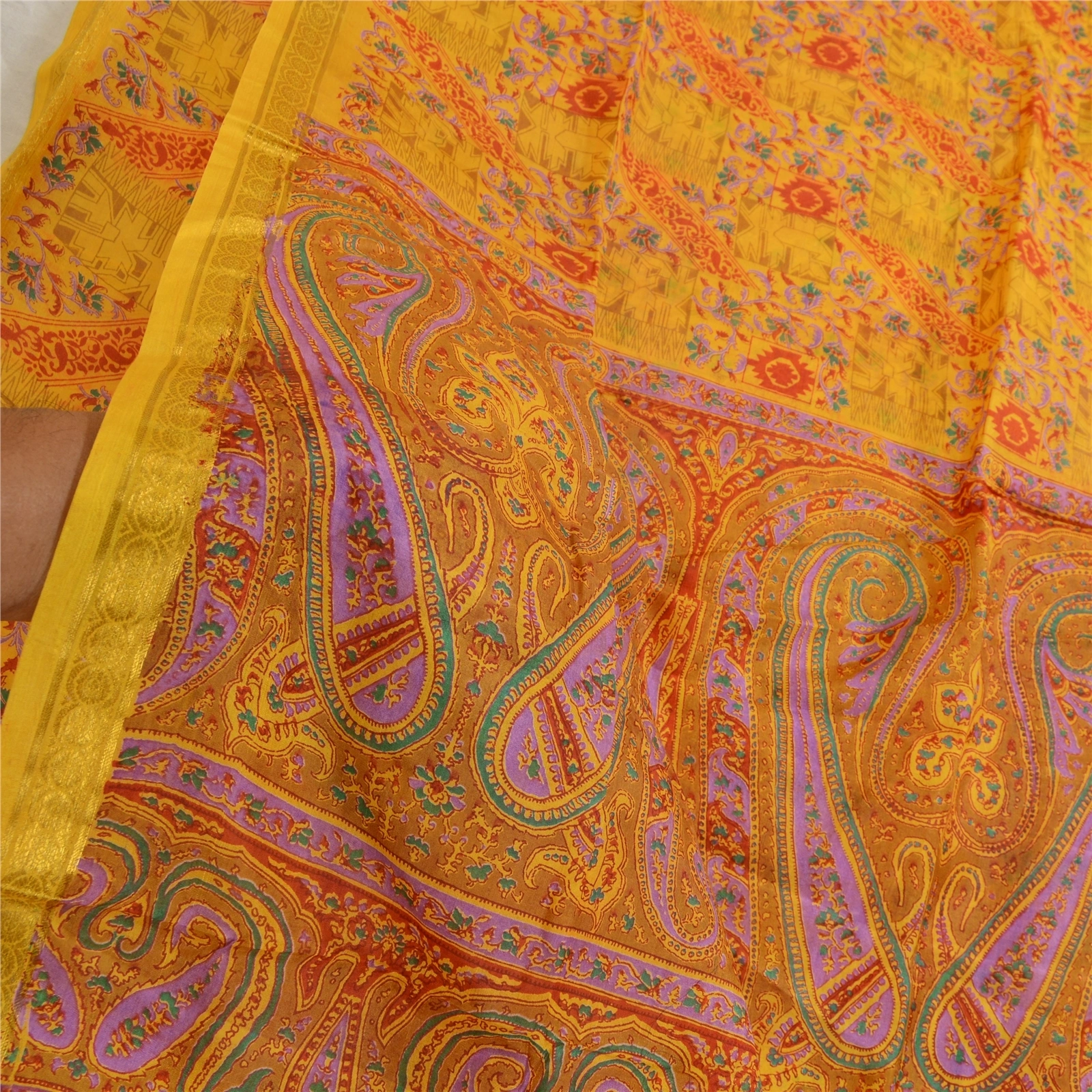 Sanskriti Vintage Sarees Yellow Pure Silk Zari Border Printed Sari Craft Fabric, PR-64121-Yellow-Pure Silk-5