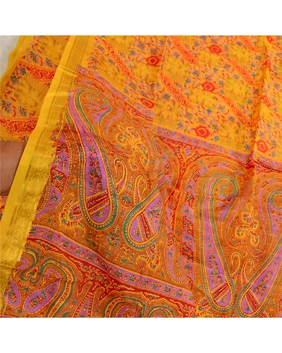 Sanskriti Vintage Sarees Yellow Pure Silk Zari Border Printed Sari Craft Fabric, PR-64121-Yellow-Pure Silk-5