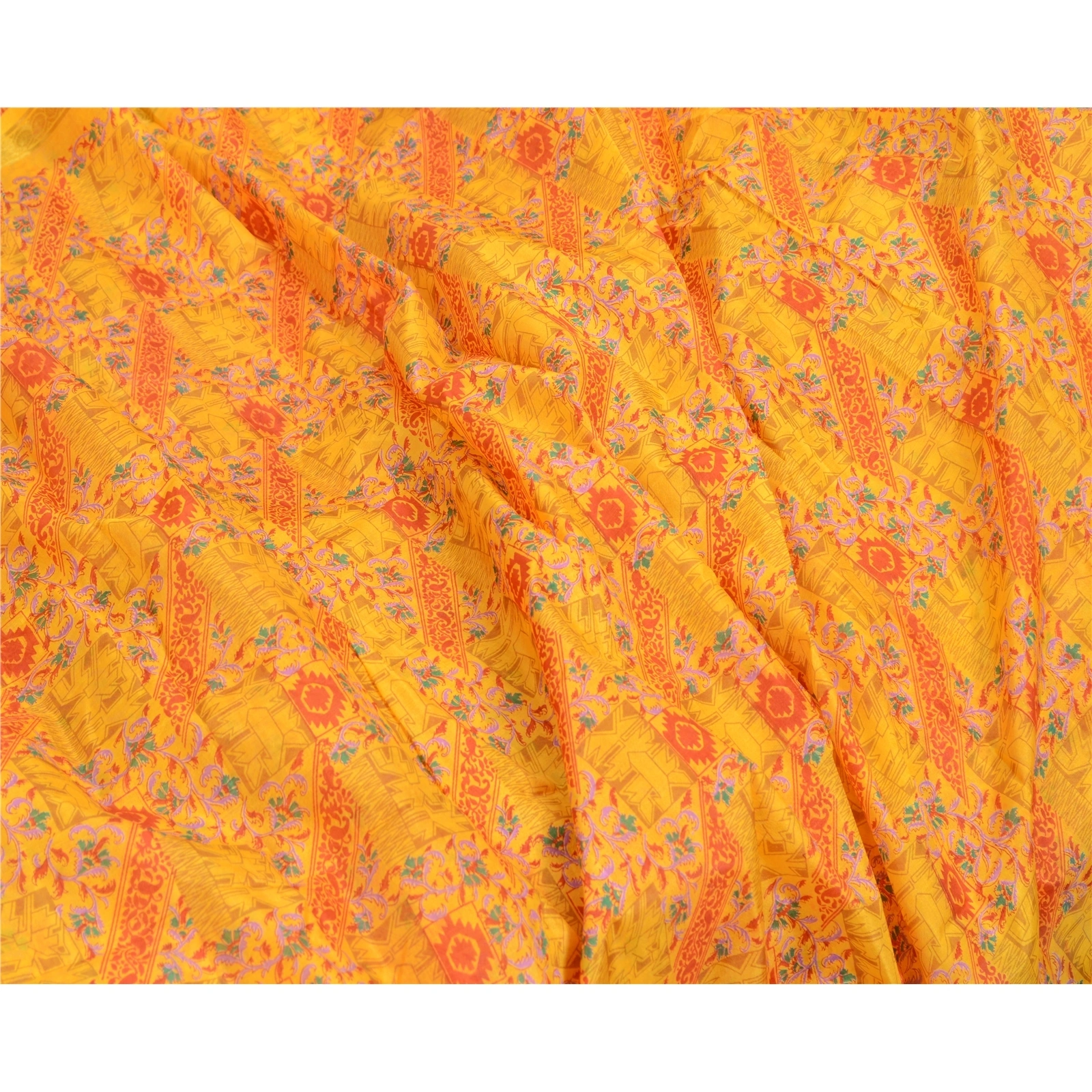 Sanskriti Vintage Sarees Yellow Pure Silk Zari Border Printed Sari Craft Fabric, PR-64121-Yellow-Pure Silk-6