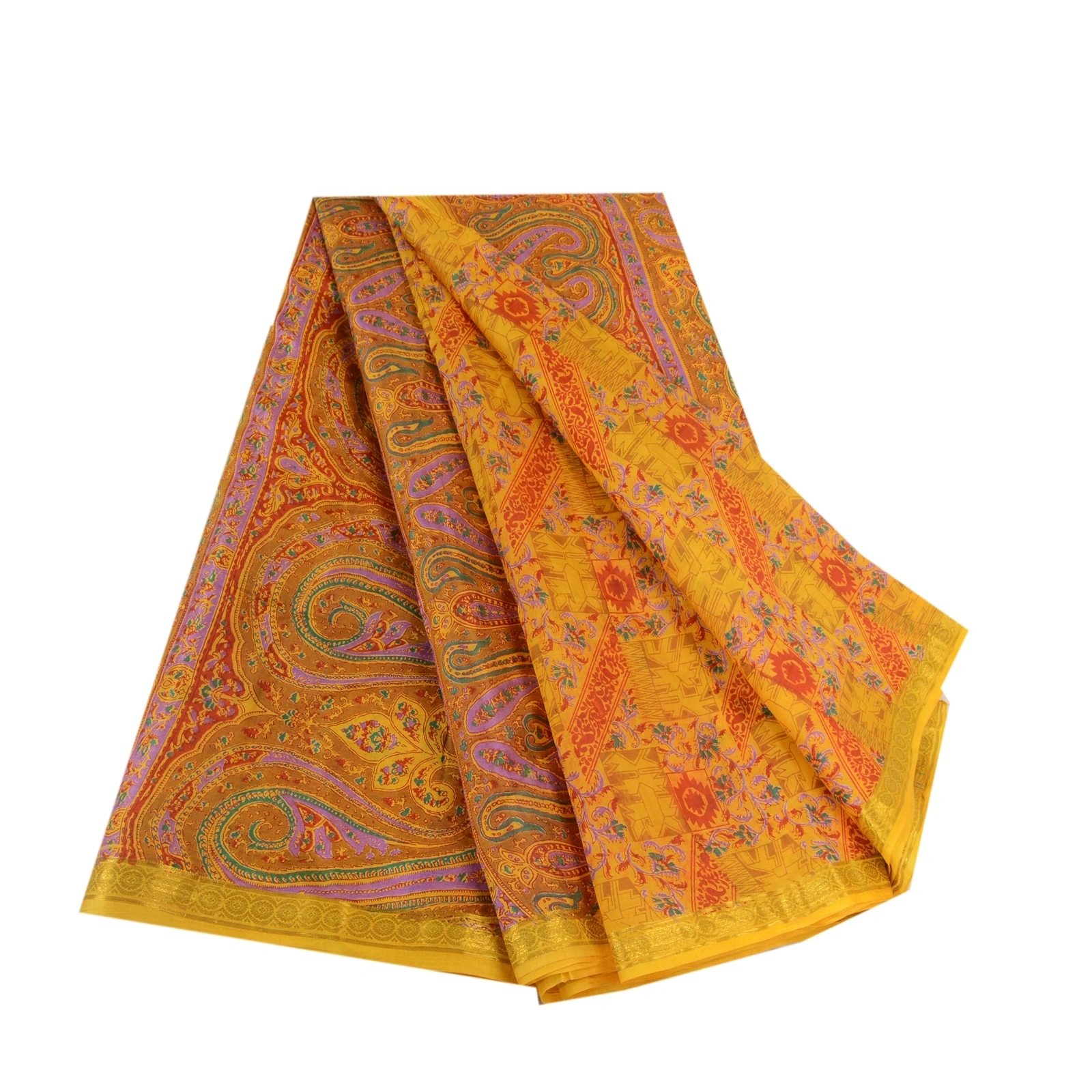 Sanskriti Vintage Sarees Yellow Pure Silk Zari Border Printed Sari Craft Fabric, PR-64121-Yellow-Pure Silk-7