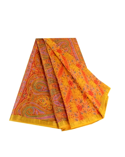 Sanskriti Vintage Sarees Yellow Pure Silk Zari Border Printed Sari Craft Fabric, PR-64121-Yellow-Pure Silk-7