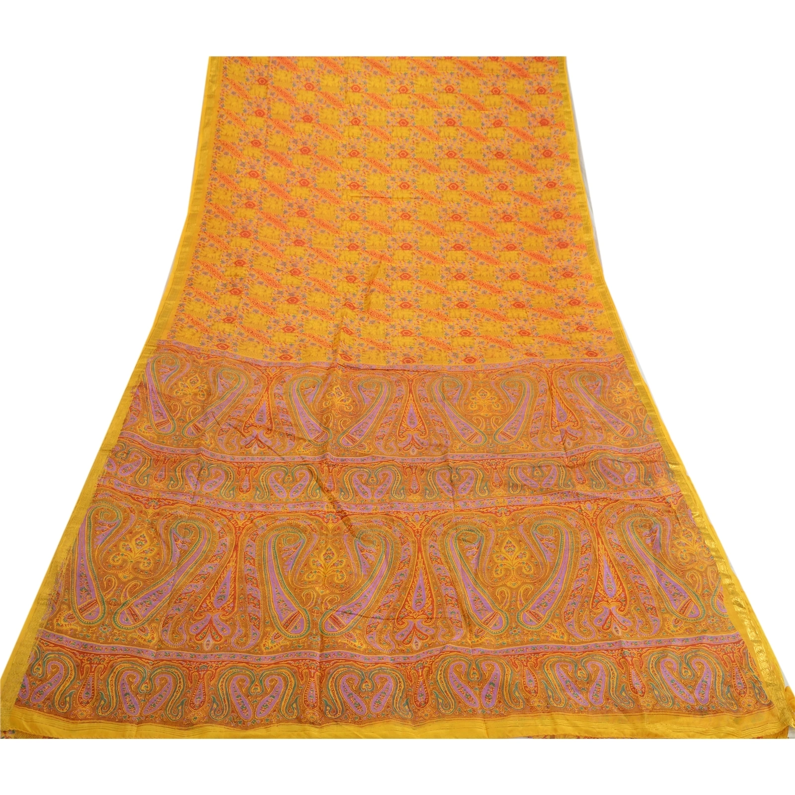 Sanskriti Vintage Sarees Yellow Pure Silk Zari Border Printed Sari Craft Fabric, PR-64121-Yellow-Pure Silk-8