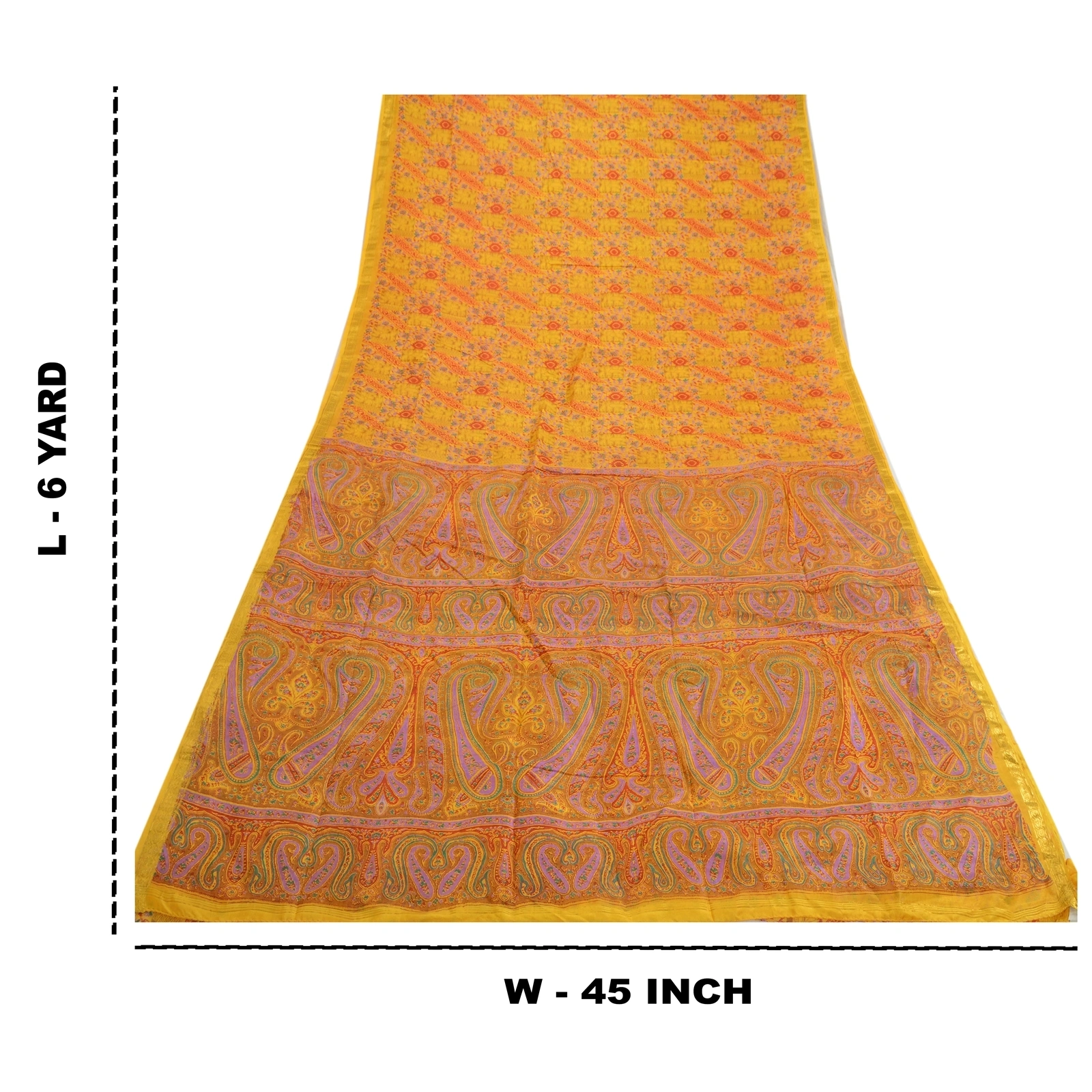 Sanskriti Vintage Sarees Yellow Pure Silk Zari Border Printed Sari Craft Fabric, PR-64121-Yellow-Pure Silk-9