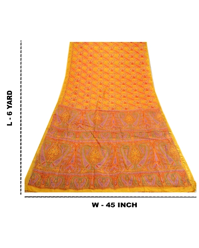Sanskriti Vintage Sarees Yellow Pure Silk Zari Border Printed Sari Craft Fabric, PR-64121-Yellow-Pure Silk-9