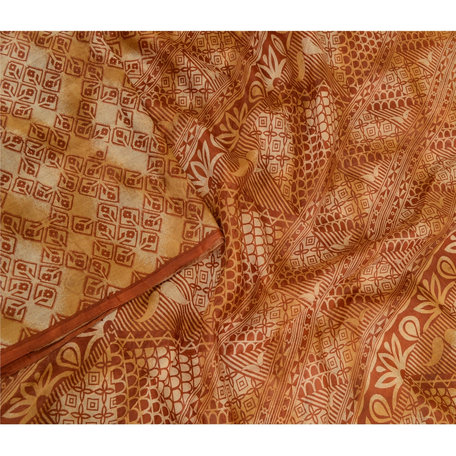 Sanskriti Vintage Sarees Brown Pure Silk Printed Sari Floral Soft Craft Fabric, PR-64125-Brown-Pure Silk-1