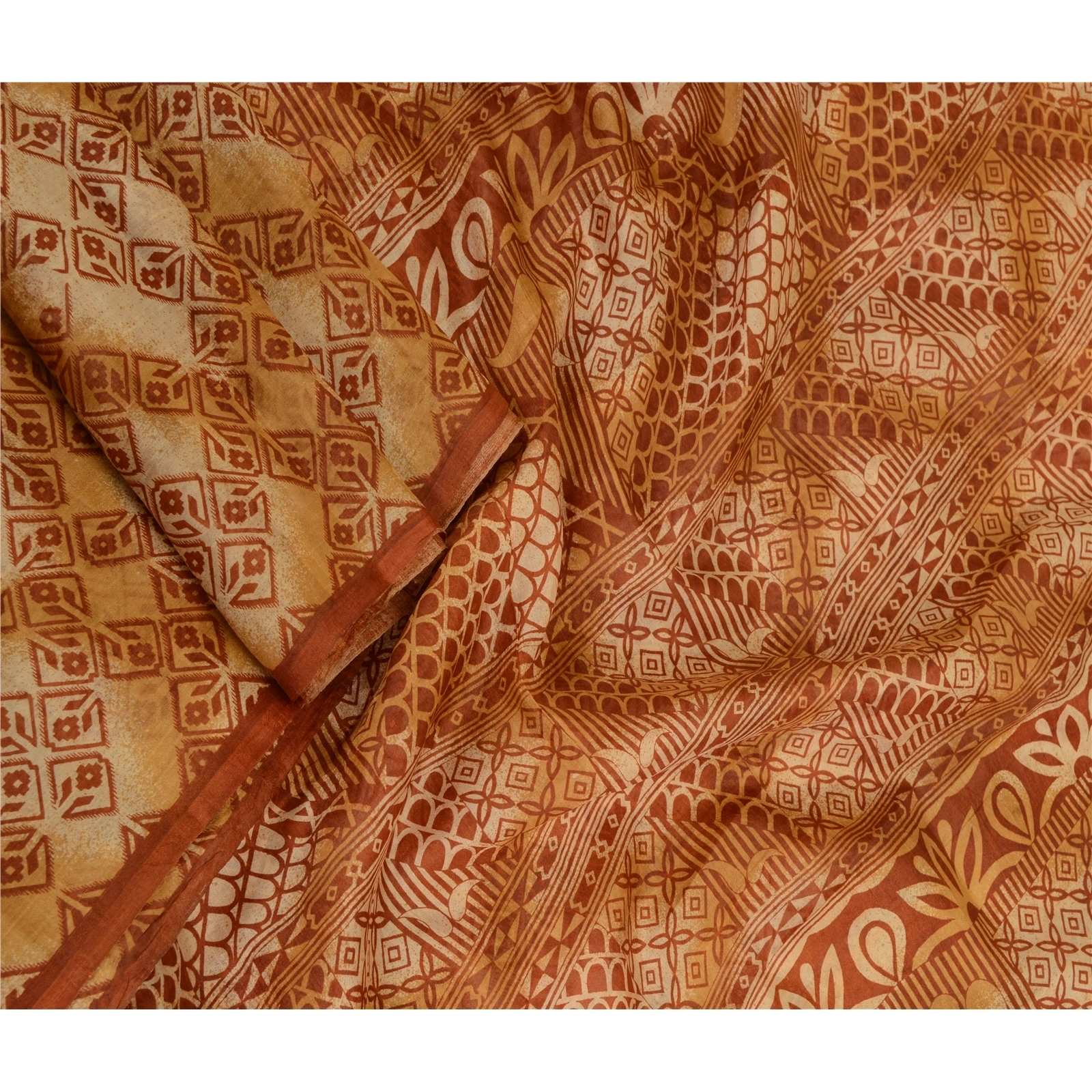 Sanskriti Vintage Sarees Brown Pure Silk Printed Sari Floral Soft Craft Fabric, PR-64125-Brown-Pure Silk-2