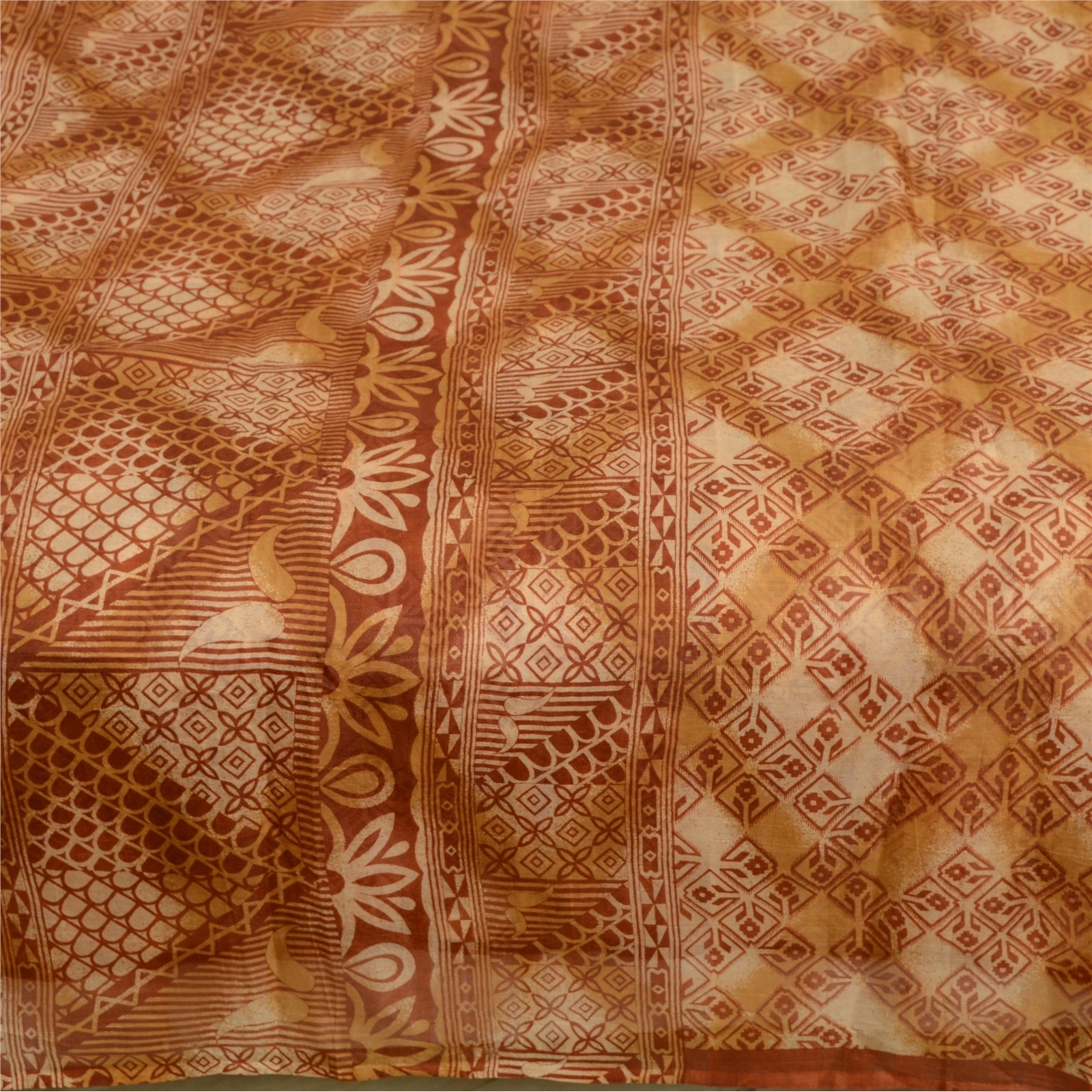 Sanskriti Vintage Sarees Brown Pure Silk Printed Sari Floral Soft Craft Fabric, PR-64125-Brown-Pure Silk-3