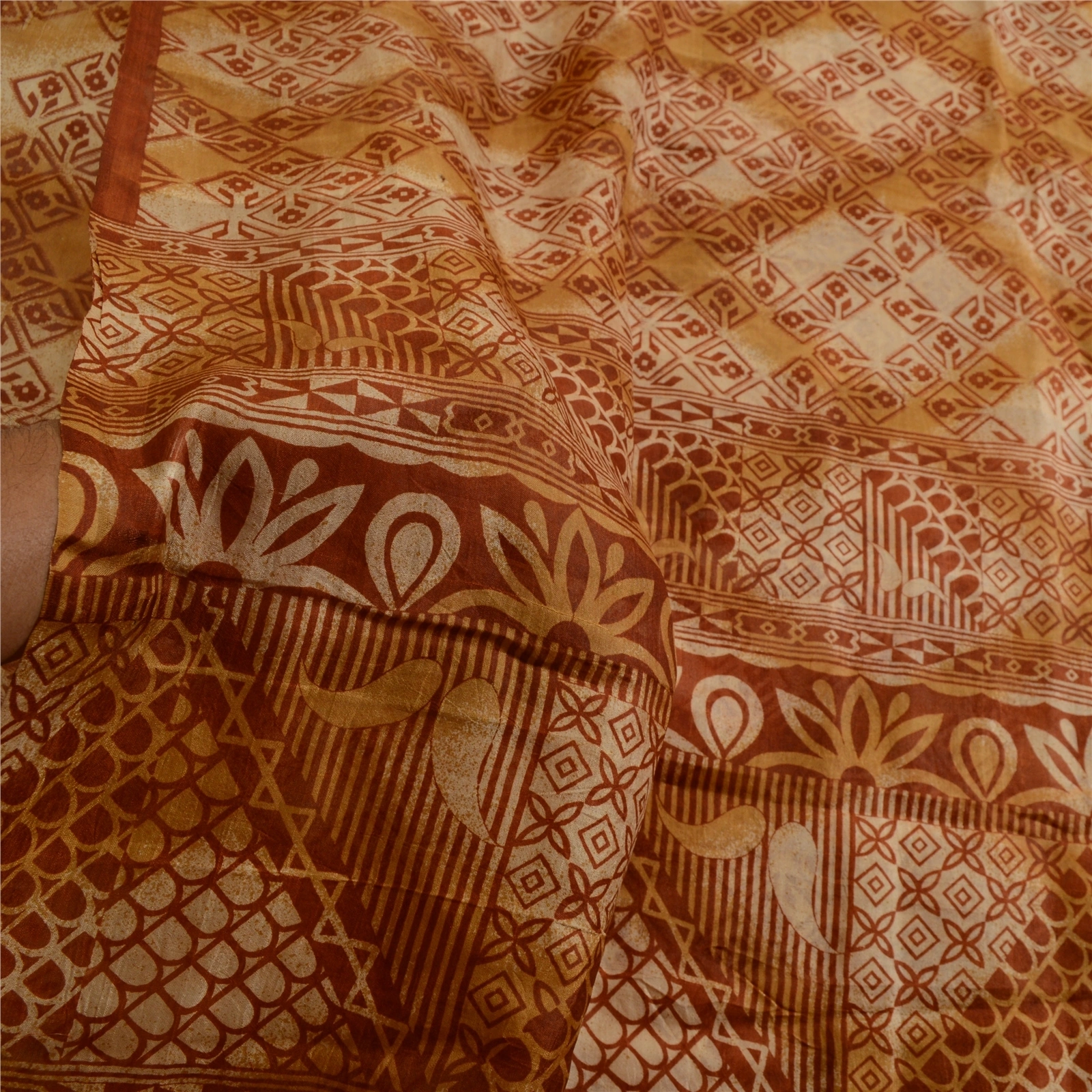 Sanskriti Vintage Sarees Brown Pure Silk Printed Sari Floral Soft Craft Fabric, PR-64125-Brown-Pure Silk-5