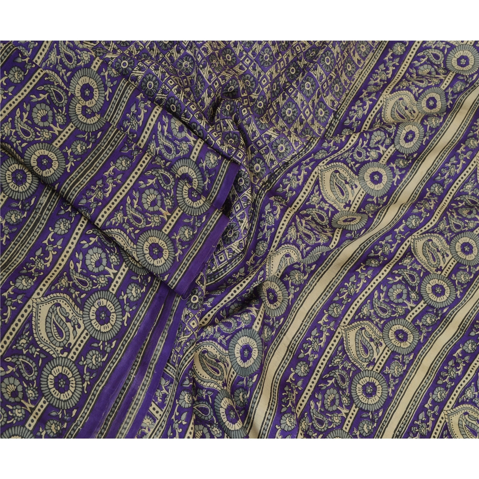 Sanskriti Vintage Sarees Blue Pure Silk Printed Sari Floral Soft Craft Fabric, PR-64127-Blue-Pure Silk-2